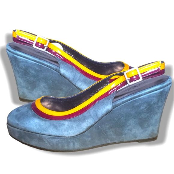 #271 Vintage Boden Slingback Wedge Heel Pumps 41 10 Shoes AR403 Gray Yellow Red - Picture 2 of 9